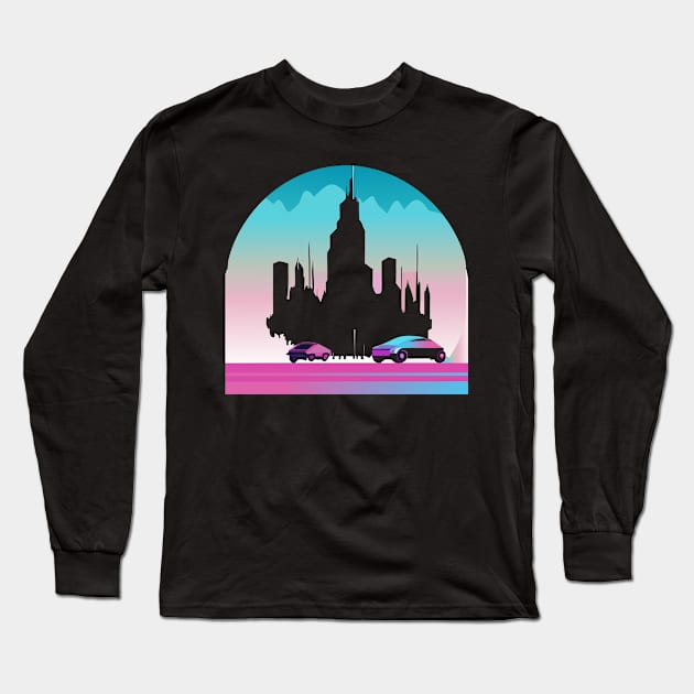 cyberpunk city skyline Long Sleeve T-Shirt by goingplaces